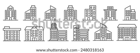 Building icon set in line black flat house, office, bank, school, hotel, shop, university, city, real estate and hospital symbol.