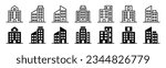 Building icon set in line and flat style. Real estate, skyscrapers, commercial property icon symbol on white background with editable stroke. Vector illustration
