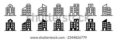 Building icon set in line and flat style. Real estate, skyscrapers, commercial property icon symbol on white background with editable stroke. Vector illustration