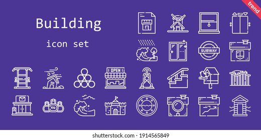conjunto de iconos de construcción. estilo de icono de línea. íconos relacionados con la construcción como antena, estación de gimnasia, hogar de aves, timbre, castillo, escaleras, molino de viento, cabaña, huracán, industria, tienda, casa, proyecto, tsunami