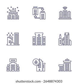 Building icon set. Line style. Editable stroke. smart city, city, building, buildings, hospital building.
