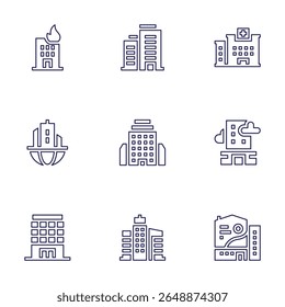 Building icon set. Line style. Editable stroke. office building, headquarters, hospital, buildings, building.