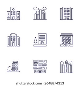 Symbol-Set wird erstellt. Linienstil. Bearbeitbarer Strich. Bürogebäude, Stadt, Gebäude, Gebäude, Krankenhausgebäude.