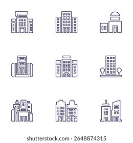 Building icon set. Line style. Editable stroke. city, office building, residential, building, buildings, hotel, building automation.