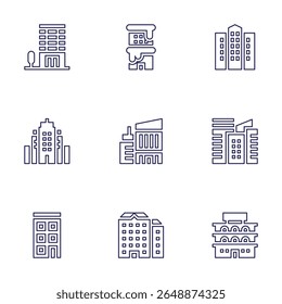 Building icon set. Line style. Editable stroke. buildings, flats, building, company, building trade.