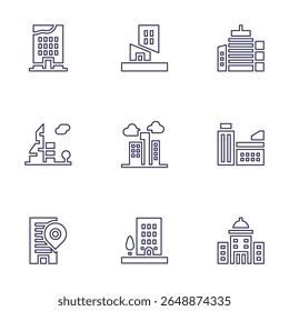 Conjunto de ícones de construção. Estilo da linha. Curso editável. edifício, edifício da cidade, edifícios.