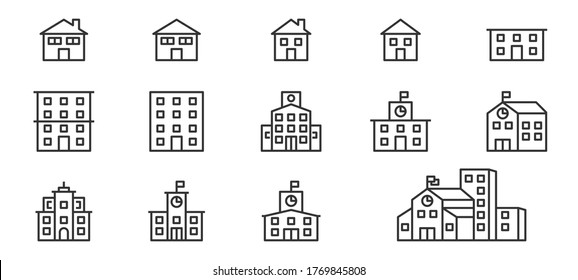 building icon set line vector, school, university, office, city, real estate
