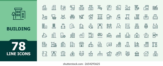 Building icon set. Minimal linear icons. Pixel perfect. Vector illustration. Real Estate icon set. Related to villa, estate, residential, construction, house, architecture and more.