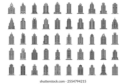 Building icon set. Outline cityscape construction and apartment. Business architecture town and metropolis skyscraper collection. City exterior structure and line silhouette vector illustration.