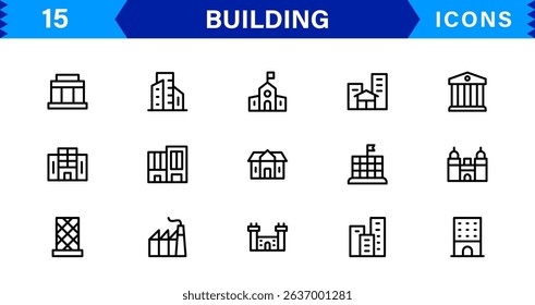 Building Icon Set Representing Construction, Architecture, Tools, Blueprints, and Urban Development in Simple, Download-Ready Vector Format