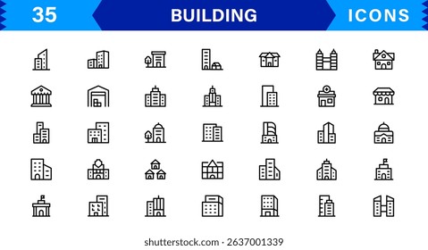 Building Icon Set Representing Construction, Architecture, Tools, Blueprints, and Urban Development in Simple, Download-Ready Vector Format