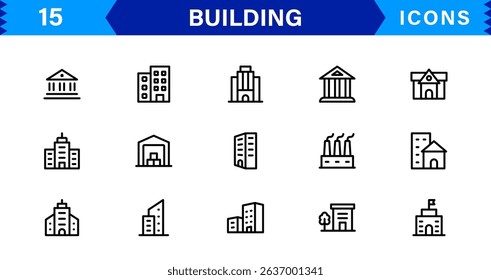 Building Icon Set Representing Construction, Architecture, Tools, Blueprints, and Urban Development in Simple, Download-Ready Vector Format