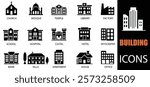 Building icon set. Showcasing intricately designed representations of house, office, bank, school, hotel, shop, university and hospital icons. A well organized collection of adaptable solid icons