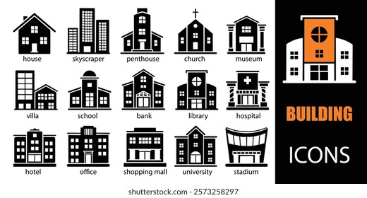 Building icon set. Showcasing intricately designed representations of house, office, bank, school, hotel, shop, university and hospital icons. Solid icon collection. Vector illustration.