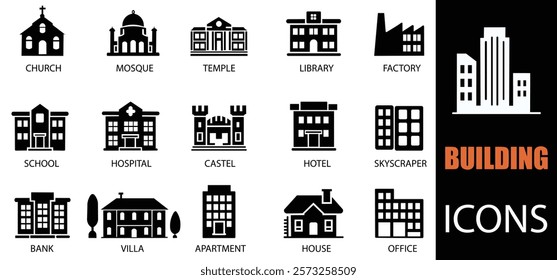 Building icon set. Showcasing intricately designed representations of house, office, bank, school, hotel, shop, university and hospital icons. A well organized collection of adaptable solid icons