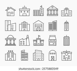 Building icon set in simple thin line. Collection of icons related to building, including hotel, police department, hospital, school, garage, bank, tower, factory, museum, store, etc. Editable stroke.