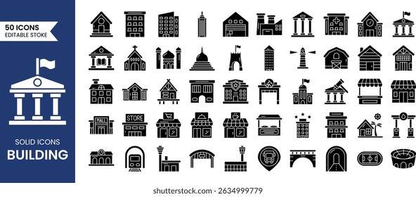 Ícone de construção definido em estilo sólido. Contendo casa, escritório, apartamento, governo, escola, mansão, loja, universidade, hospital e muito mais. Ilustração vetorial