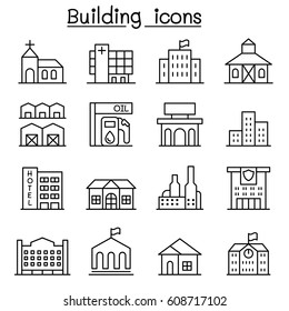 Building icon set in thin line style