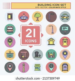 Building Icon Set in trendy color mate style isolated on soft blue background