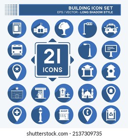 Building Icon Set in trendy long shadow style isolated on soft blue background