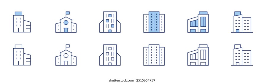 Building icon set in two styles, Duotone and Thin Line style. Editable stroke. building, middle school, company, apartment.