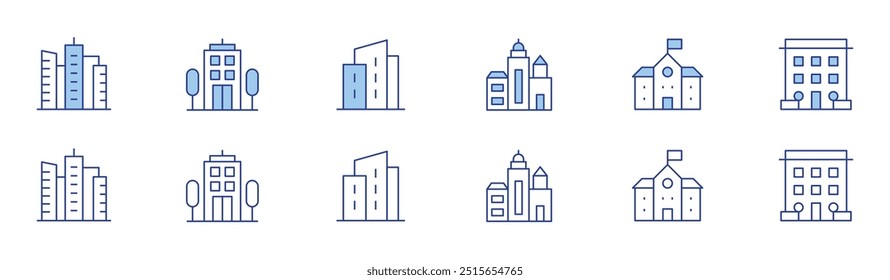 Building icon set in two styles, Duotone and Thin Line style. Editable stroke. buildings, school, building.