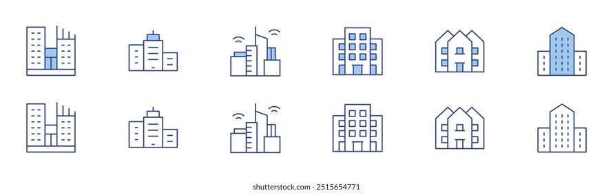 Building icon set in two styles, Duotone and Thin Line style. Editable stroke. apartment, building, city building, house, smart city.