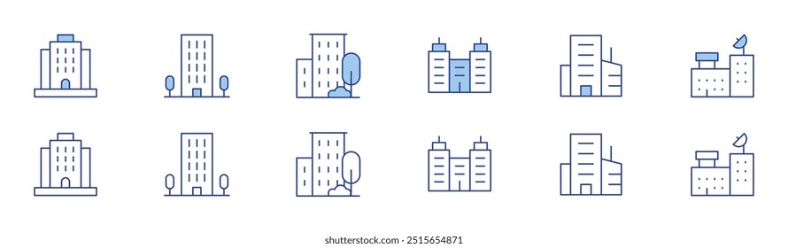 Building icon set in two styles, Duotone and Thin Line style. Editable stroke. resort, company, flat, building.