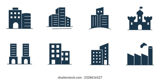 Building icon set Vector. City, Real estate, Bank, Hotel, Architecture Hospital, town symbol illustration