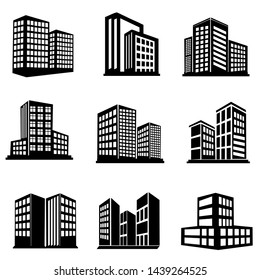 Building icon set vector, collection symbol of apartment, Hotel, skyscraper in black color and white background