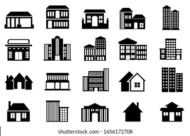 Building icon set vector, Illustration of real estate black white color 