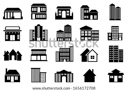 Building icon set vector, Illustration of real estate black white color 