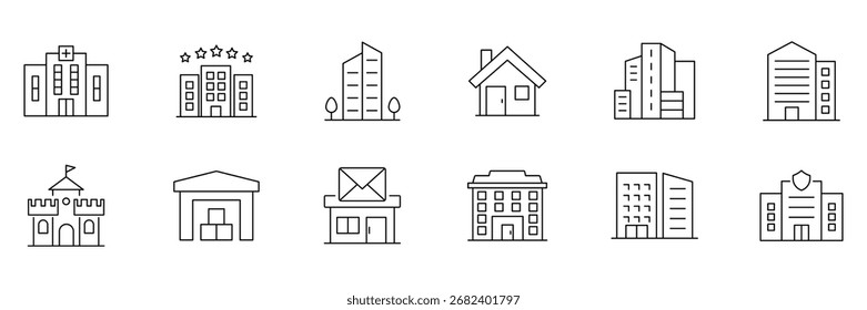 Symbol-Set wird erstellt. Erstellen eines Websymbols im Gliederungsstil. Gebäude in verschiedenen architektonischen Stilen Ikonensammlung. Vektorgrafik.