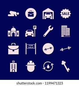 building icon. building vector icons set parked car, sale sign, wrench and hydraulic energy