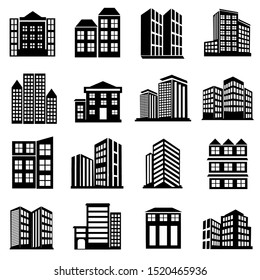 Building Icon vector,  illustration symbol of hotel, school, hospital,house, bank, town, apartment, office in black and white colour design