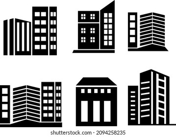 Building Icon vector, illustration symbol of hotel, school, hospital,house, bank, town, apartment, office in black and white colour design.eps