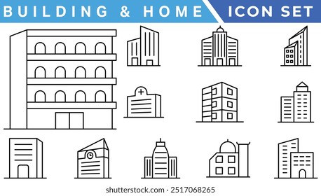 Conjunto de Vector de icono de edificio. colección de letrero de ilustración de apartamento. símbolo de rascacielos. logotipo de arquitectura.
