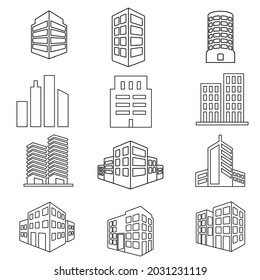 Juego de vectores de iconos de construcción. Colección de signos de ilustración de la casa. símbolo o símbolo de rascacielos.