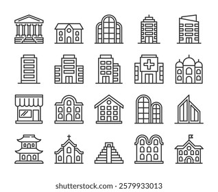 Building icons. Abstract architecture buildings line icon set. Editable Stroke.