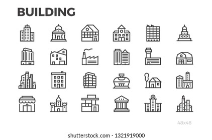 Building icons. City, house, home, architecture, office, real estate  and others symbols. Editable line. Pixel perfect.