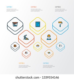 Building icons colored line set with window, paint bucket, stepladder and other brick wall elements. Isolated vector illustration building icons.