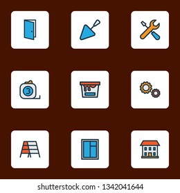 Building icons colored line set with trowel, tools, window and other masonry elements. Isolated vector illustration building icons.
