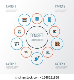 Building icons colored line set with tipper, tower crane, brickwork and other brick wall elements. Isolated vector illustration building icons.