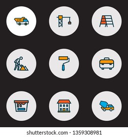Building icons colored line set with stepladder, concrete mixer, house and other cement blender elements. Isolated vector illustration building icons.