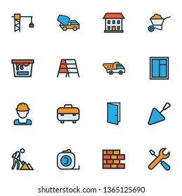 Building icons colored line set with toolbox, trowel, concrete mixer and other dumper truck elements. Isolated vector illustration building icons.