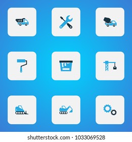 Building icons colored set with bulldozer, wall painter, concrete mixer and other paint  elements. Isolated vector illustration building icons.
