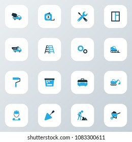 Building icons colored set with cogwheel, toolbox, concrete mixer and other case elements. Isolated vector illustration building icons.