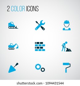 Building icons colored set with excavator, wall painter, cogwheel and other putty knife elements. Isolated vector illustration building icons.