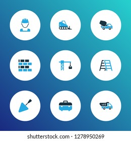 Building icons colored set with tipper, toolbox, trowel and other cement blender elements. Isolated vector illustration building icons.