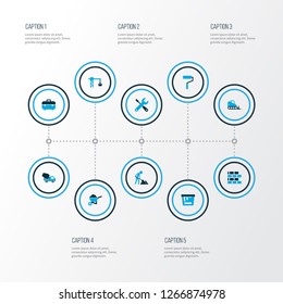 Building icons colored set with toolbox, paint roller, construction work and other lifting hook elements. Isolated vector illustration building icons.